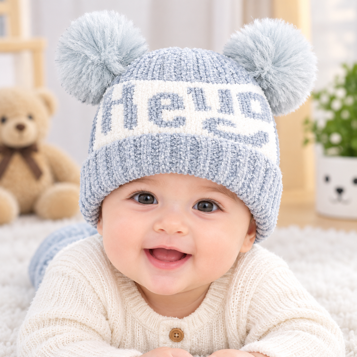 Baby Bear Pom Pom Knitted Winter Cap, In 6 Colours