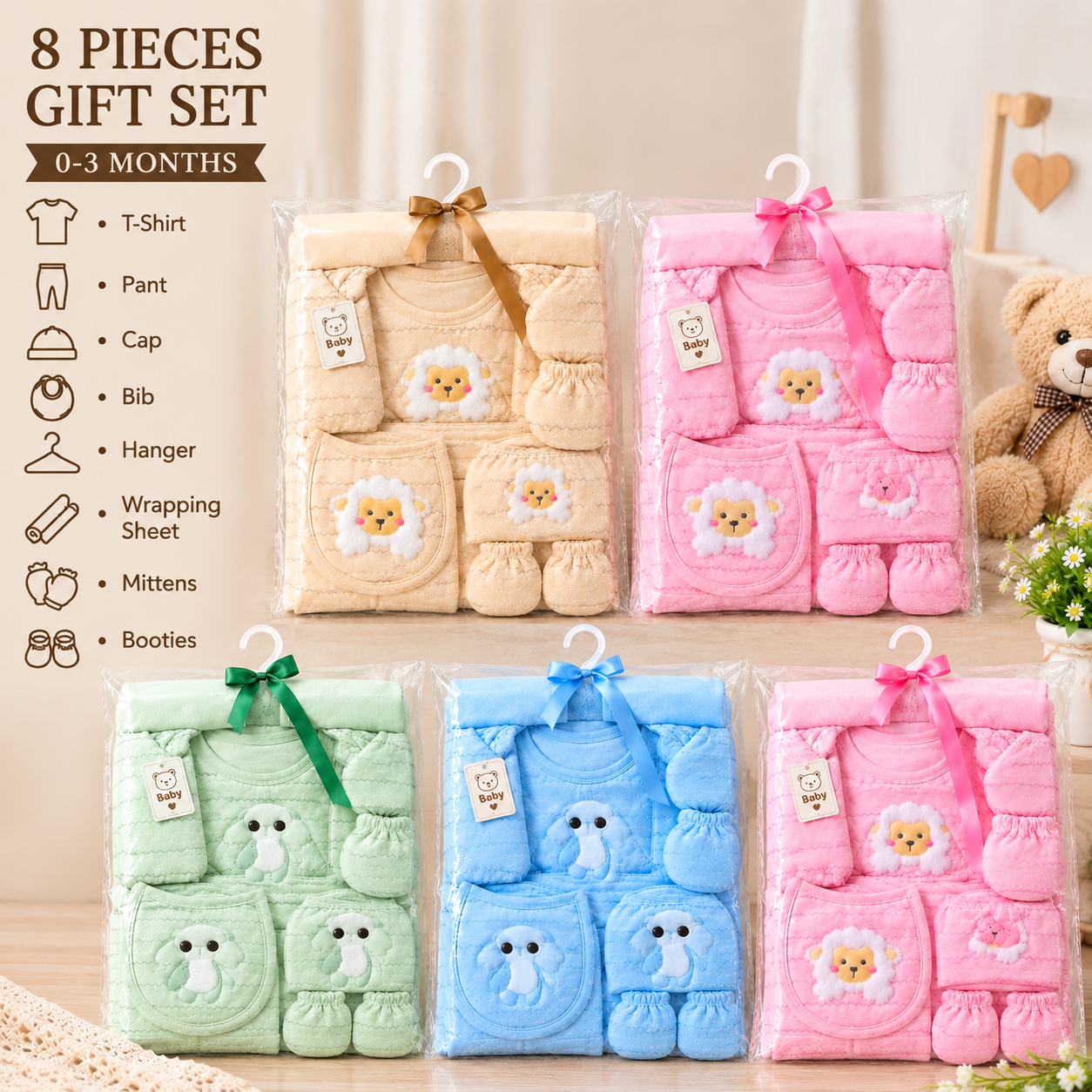 Baby Gift Set for Newborn | 0–3 Months | Soft Cotton Baby Clothing Set with Cap, Bib, Mittens & Booties