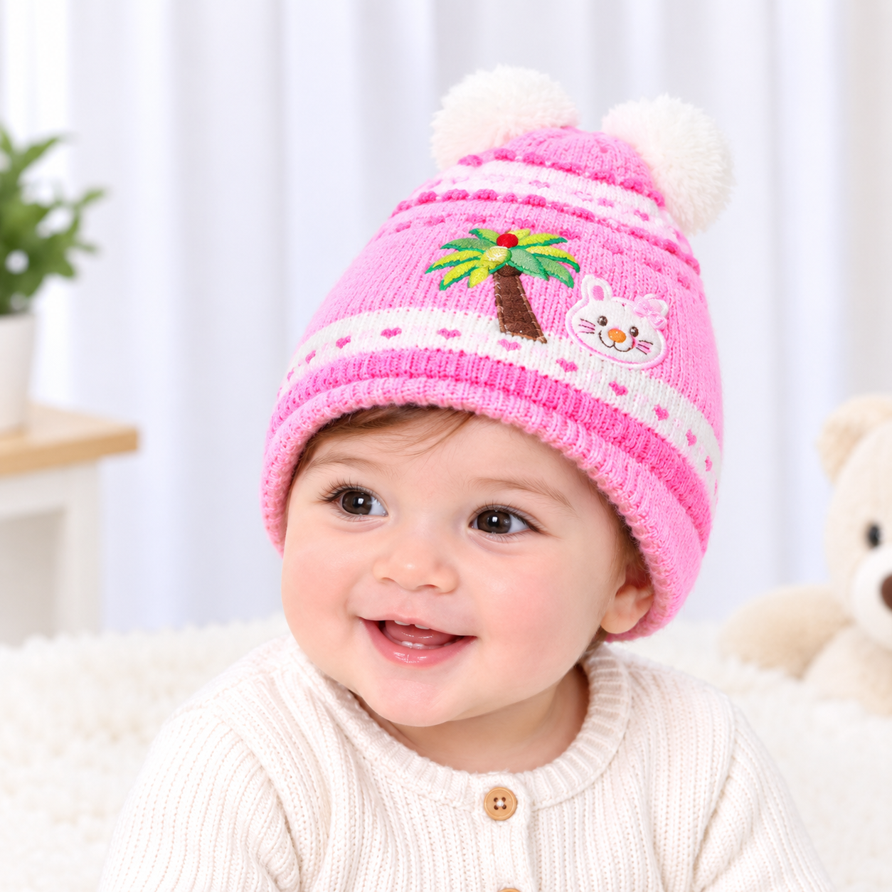 Striped Baby Beanie Hat with Flower Accent – Soft Velvet Newborn Cap, Pack Of 3 Different prints
