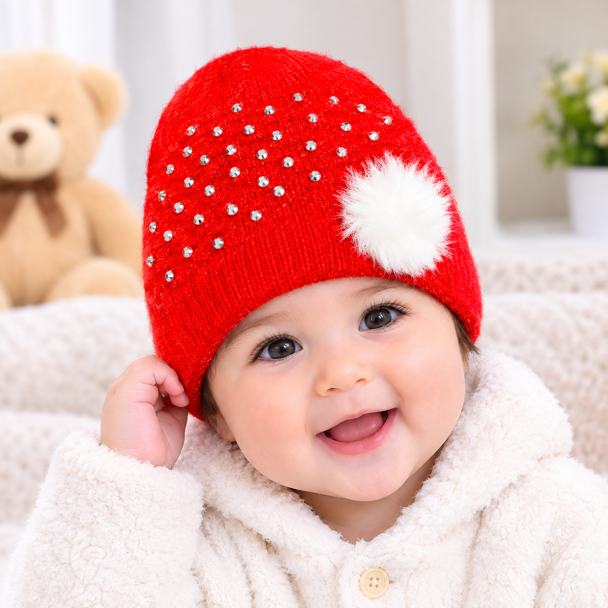 Pack Of 2, Baby Winter Beanie Hat with Fur Pom Pom & Rhinestone Design – Warm Knitted Cap for Infants & Kids