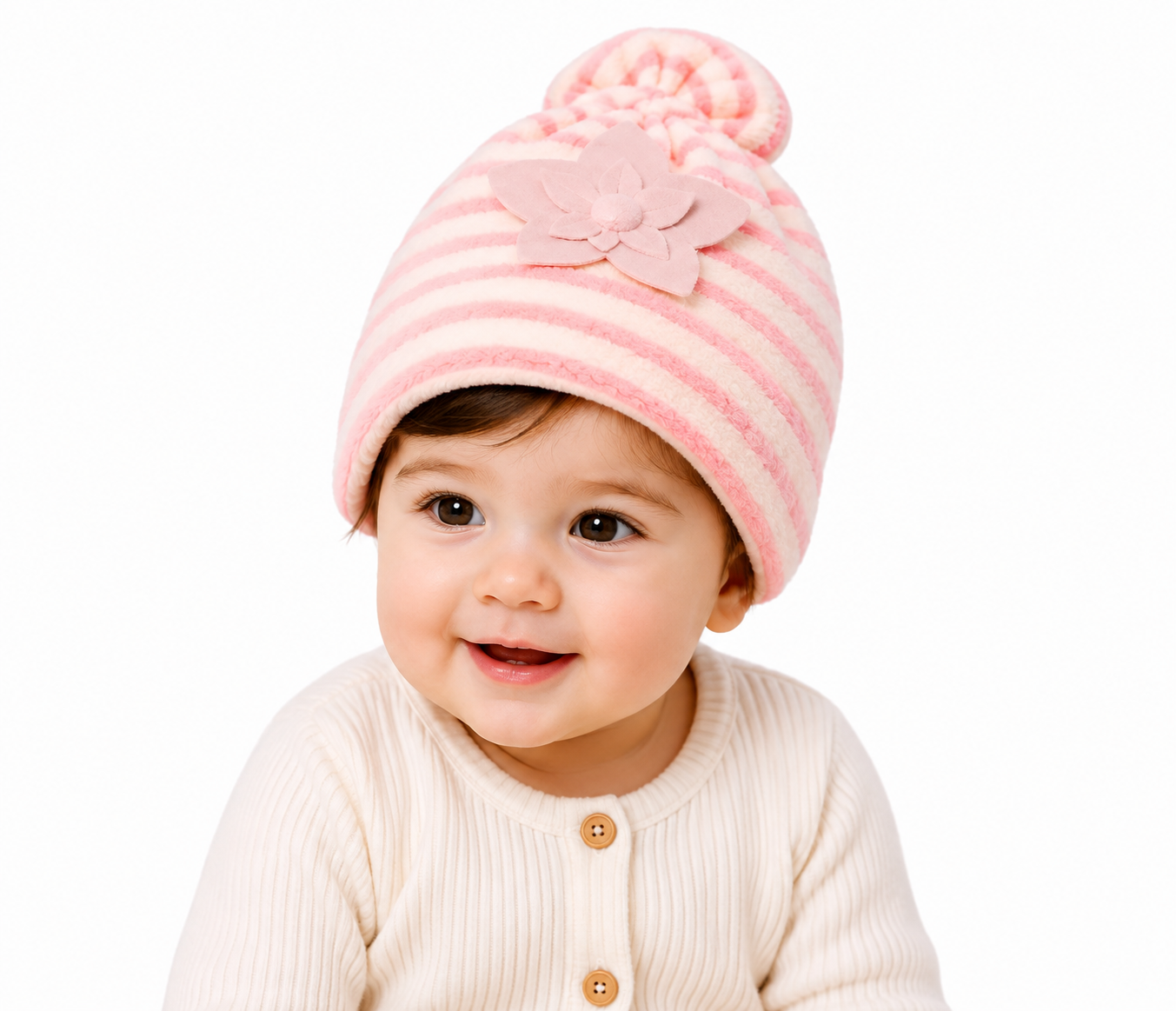 Striped Baby Beanie Hat with Flower Accent – Soft Velvet Newborn Cap, Pack Of 3 Different prints