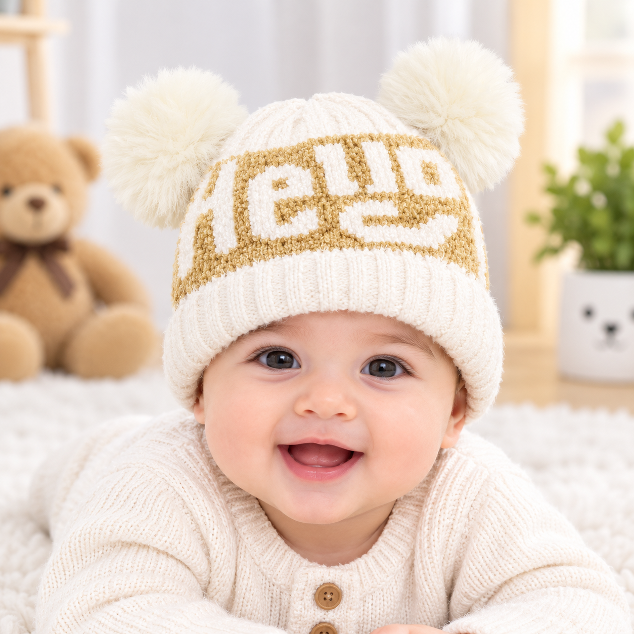 Baby Bear Pom Pom Knitted Winter Cap, In 6 Colours