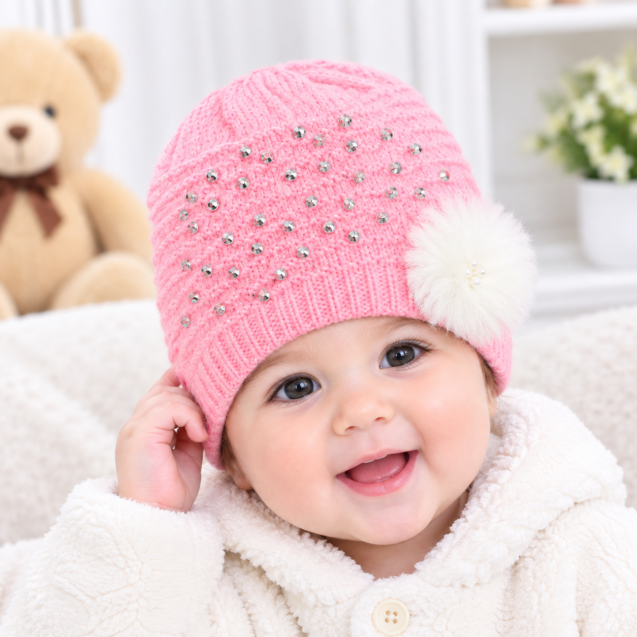 Pack Of 2, Baby Winter Beanie Hat with Fur Pom Pom & Rhinestone Design – Warm Knitted Cap for Infants & Kids