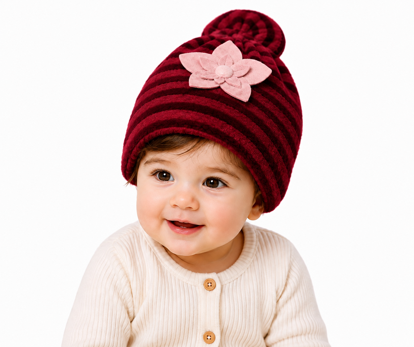 Striped Baby Beanie Hat with Flower Accent – Soft Velvet Newborn Cap, Pack Of 3 Different prints