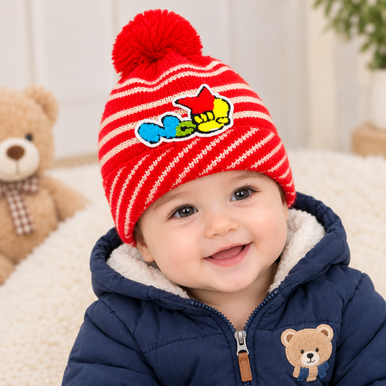 Kids Winter Knitted Cap with Pom Pom & Cartoon Patch – Warm Striped Beanie Hat for Boys & Girls