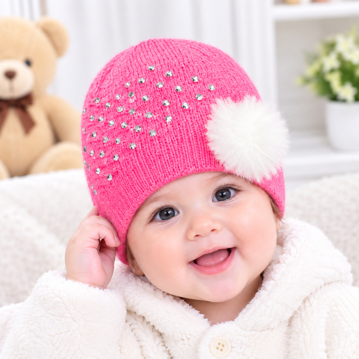 Pack Of 2, Baby Winter Beanie Hat with Fur Pom Pom & Rhinestone Design – Warm Knitted Cap for Infants & Kids