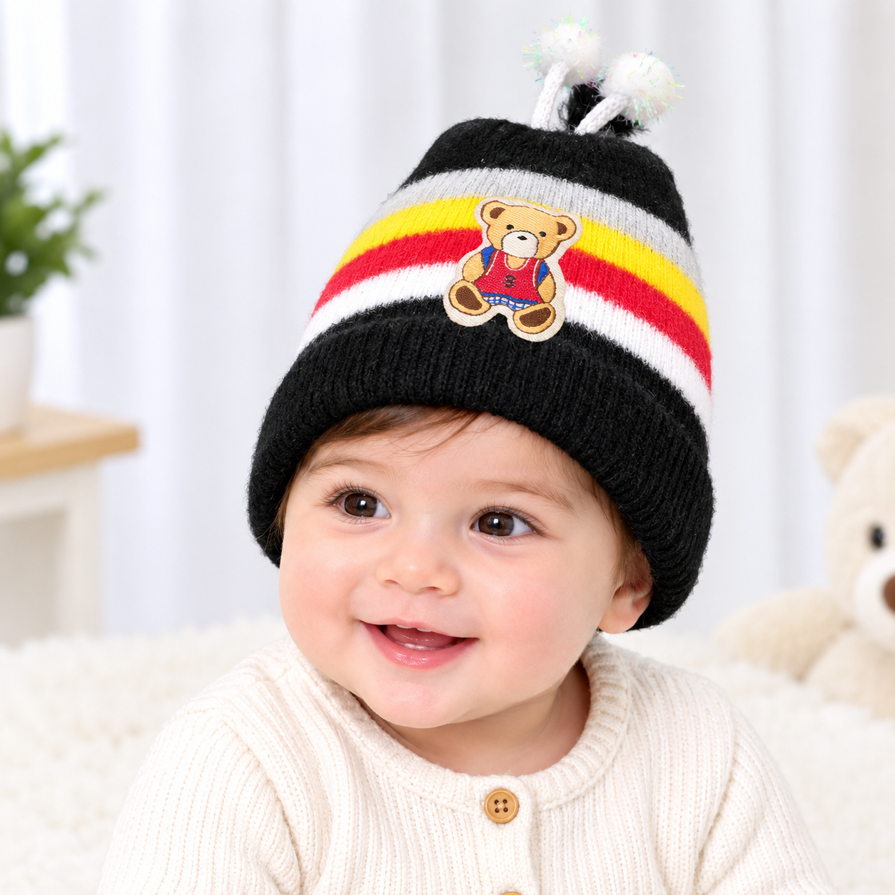 Striped Baby Beanie Hat with Flower Accent – Soft Velvet Newborn Cap, Pack Of 3 Different prints