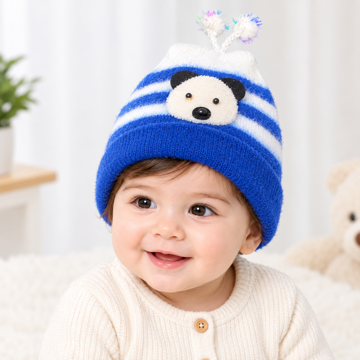 Striped Baby Beanie Hat with Flower Accent – Soft Velvet Newborn Cap, Pack Of 3 Different prints