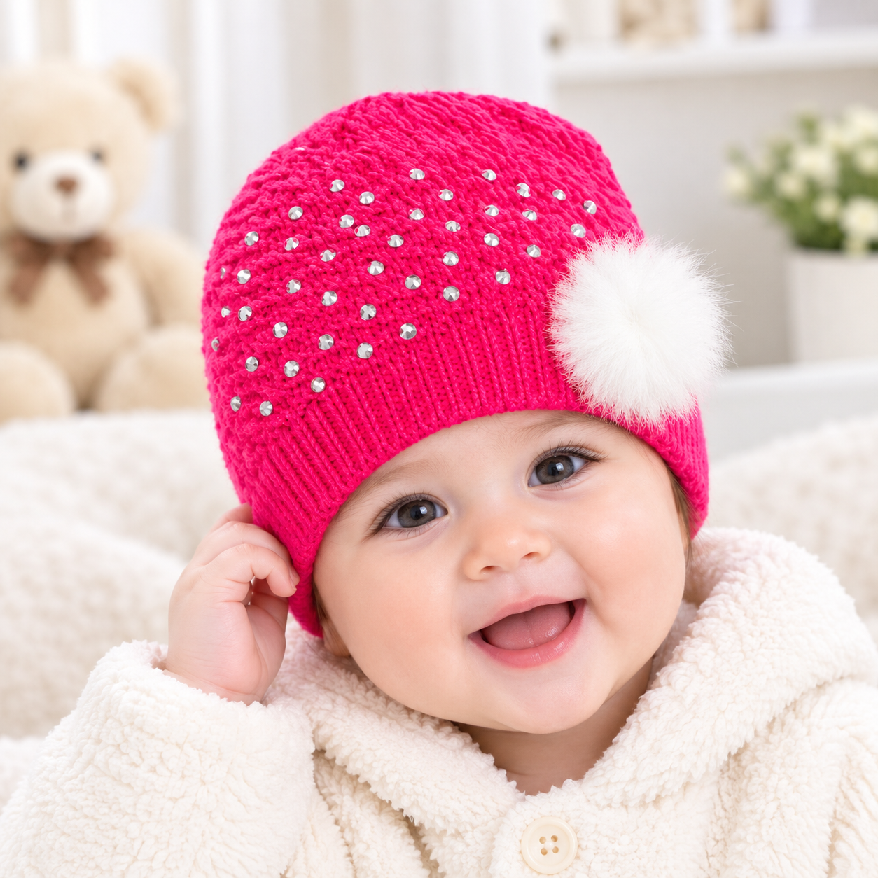 Pack Of 2, Baby Winter Beanie Hat with Fur Pom Pom & Rhinestone Design – Warm Knitted Cap for Infants & Kids