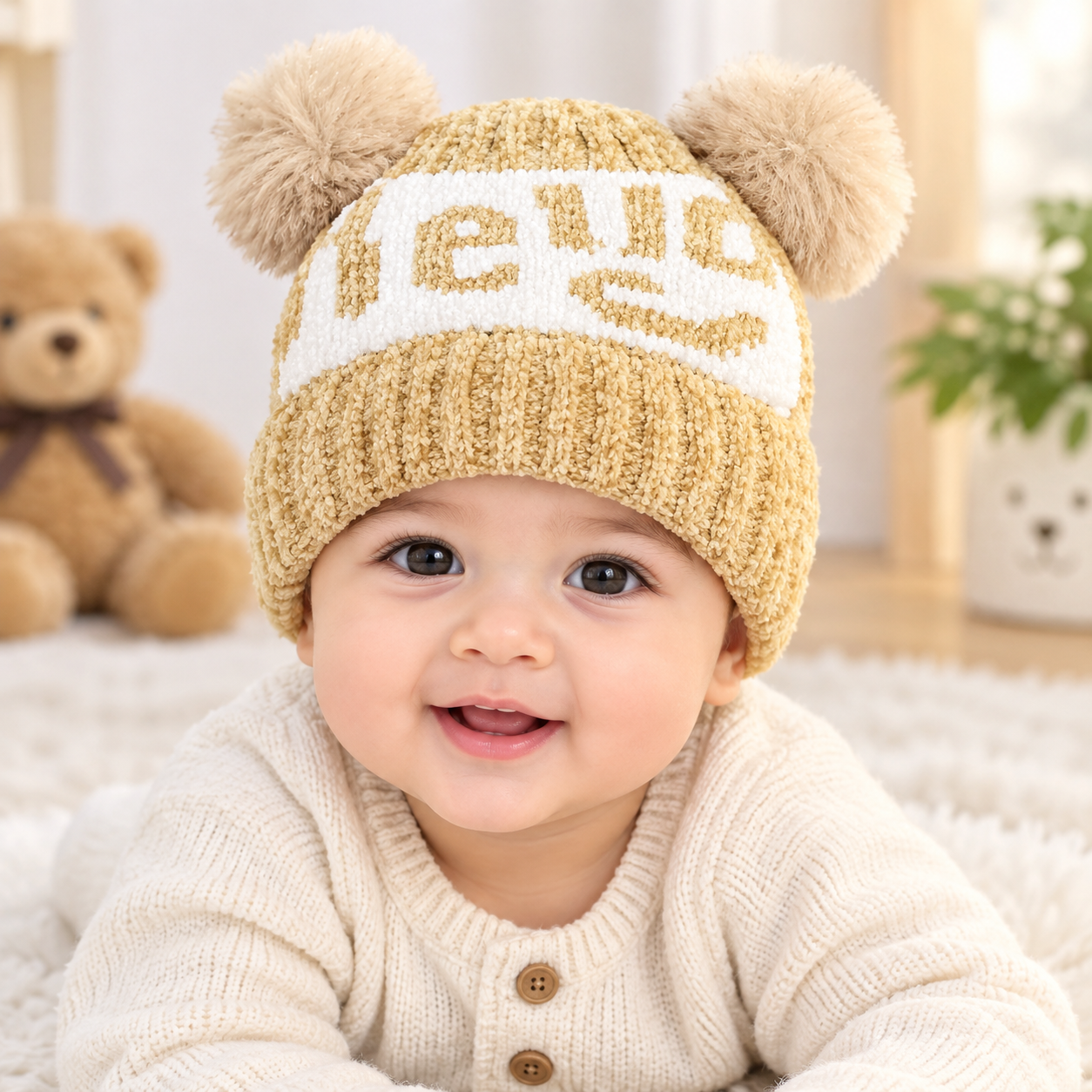 Baby Bear Pom Pom Knitted Winter Cap, In 6 Colours