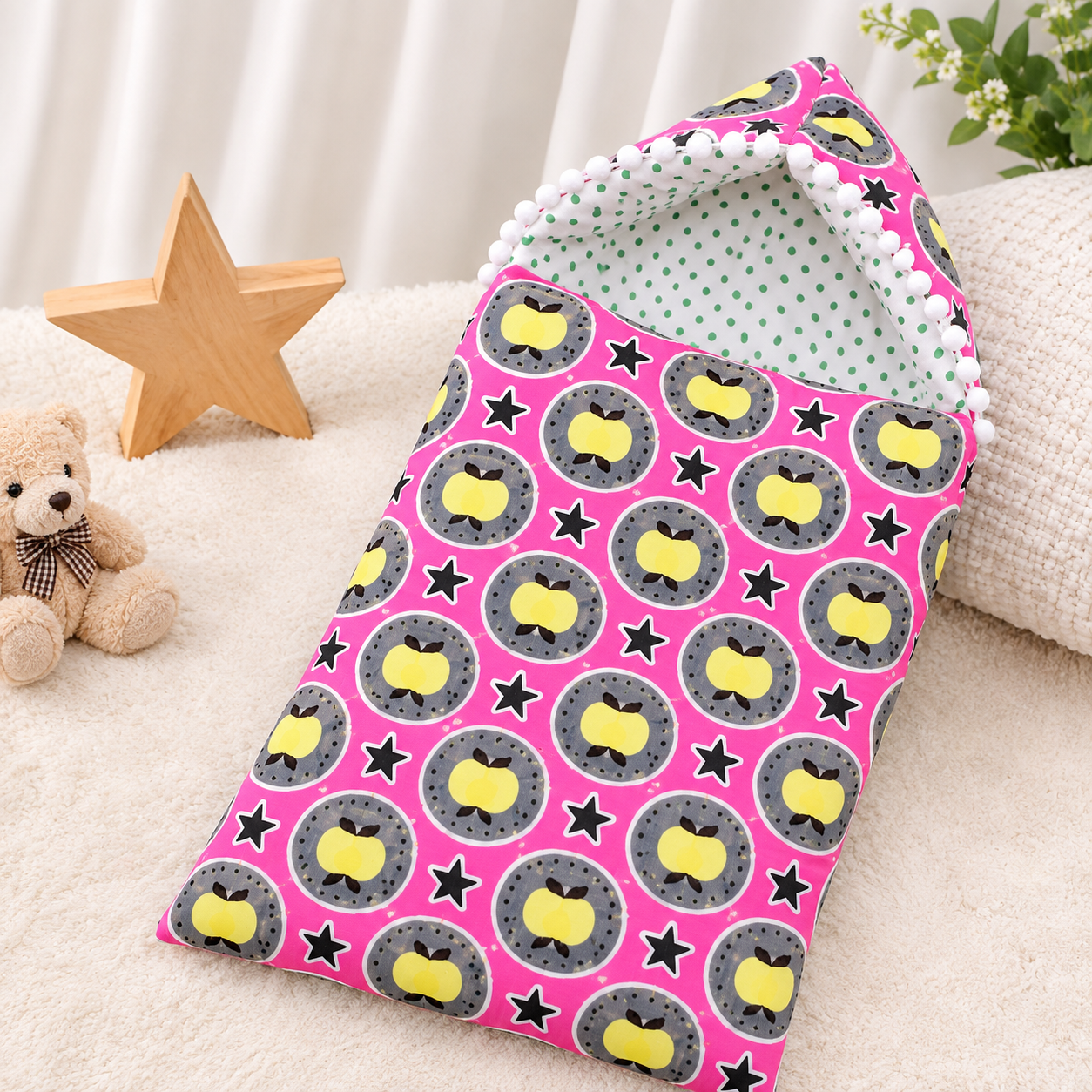 Apple Star Print Baby Sleeping Bag – Hooded Cotton Carry Nest