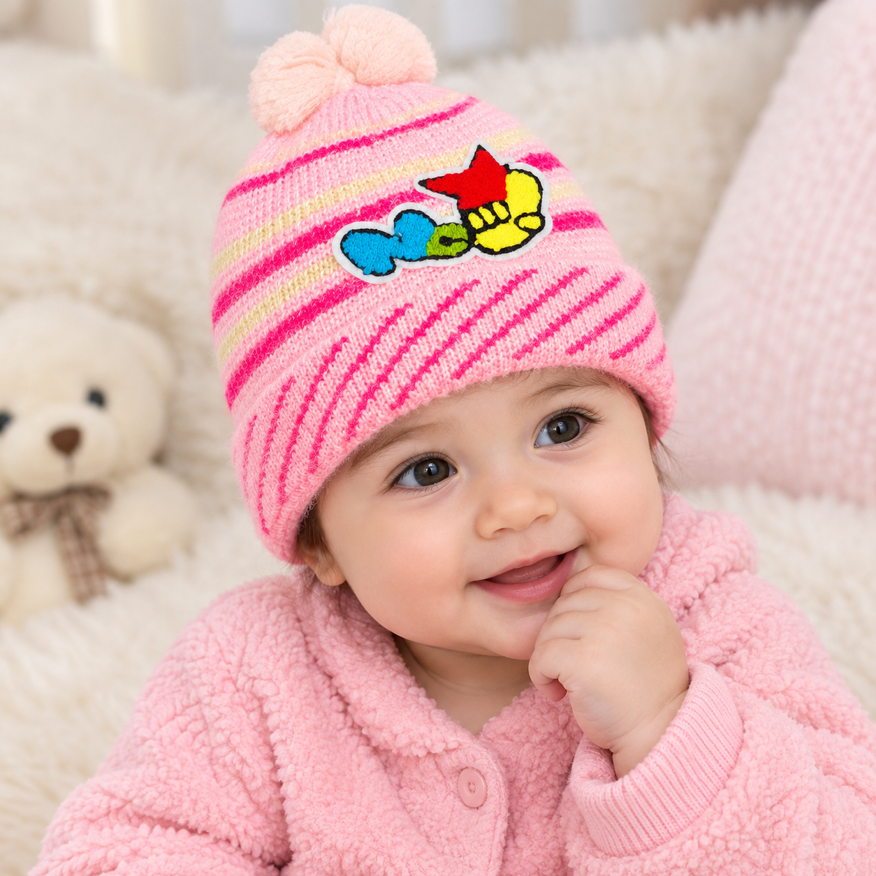 Kids Winter Knitted Cap with Pom Pom & Cartoon Patch – Warm Striped Beanie Hat for Boys & Girls