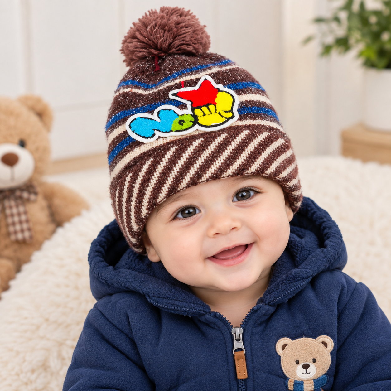 Kids Winter Knitted Cap with Pom Pom & Cartoon Patch – Warm Striped Beanie Hat for Boys & Girls