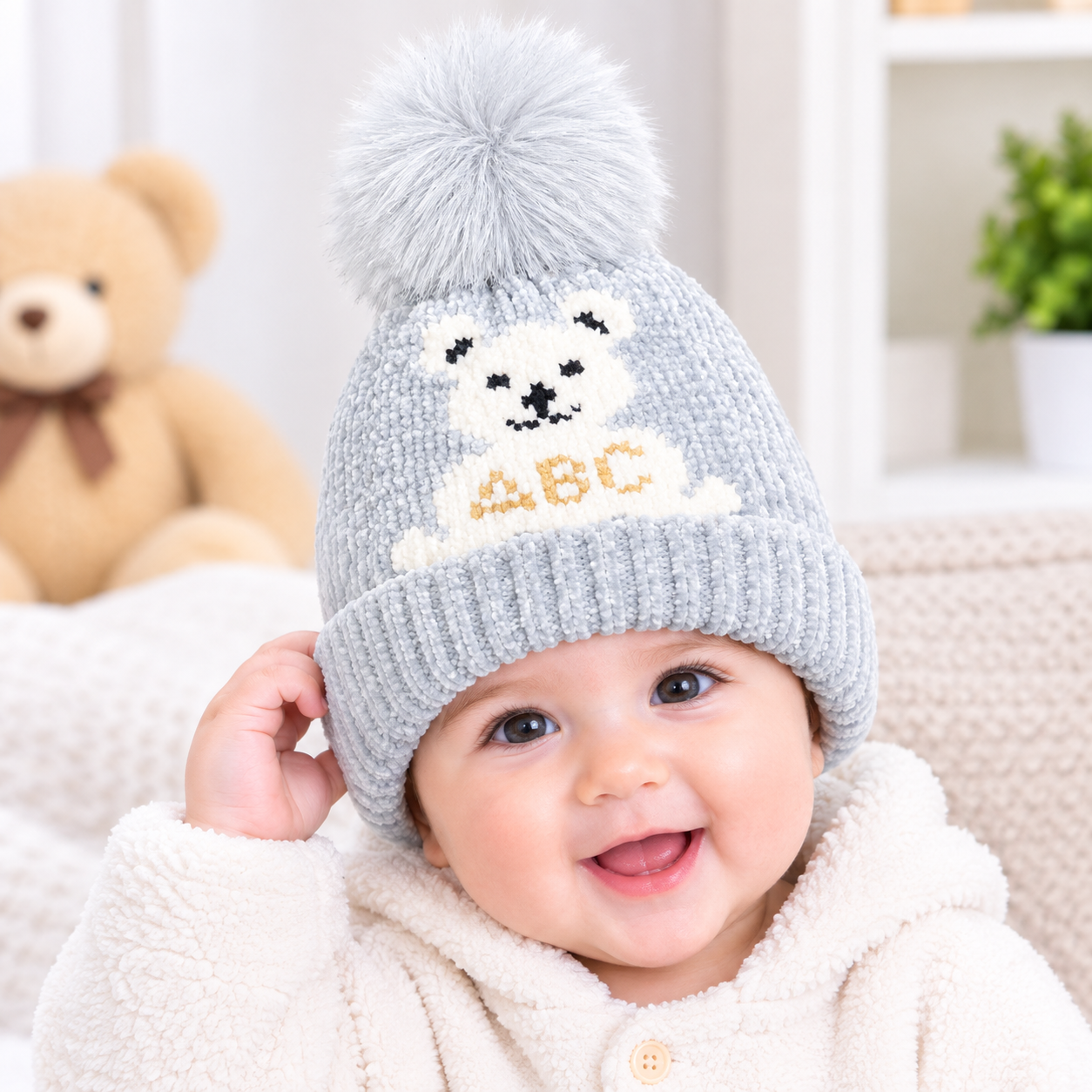 Pack Of 2 , Baby Bear Pom Pom Knitted Winter Cap, in 6 Colours