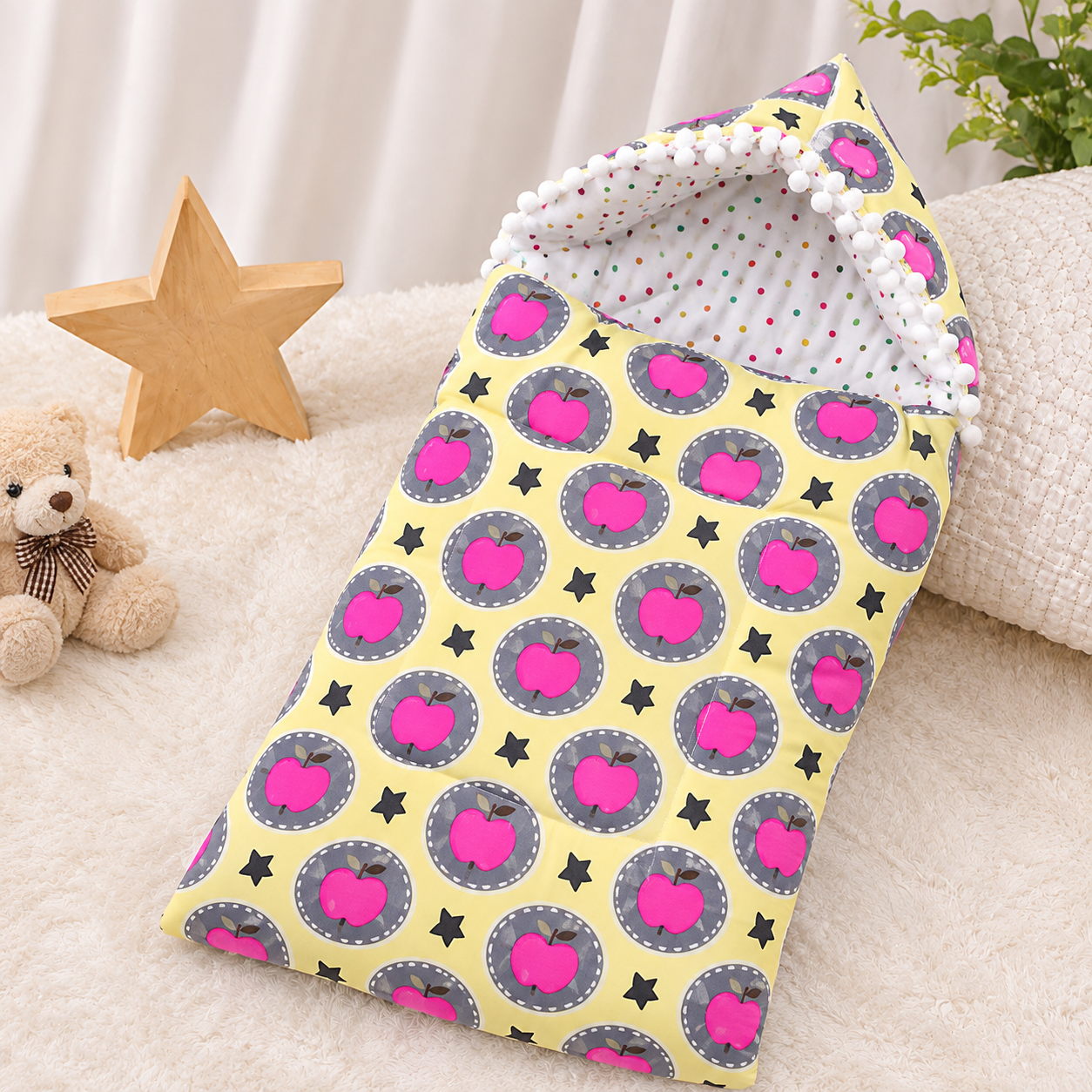 Apple Star Print Baby Sleeping Bag – Hooded Cotton Carry Nest