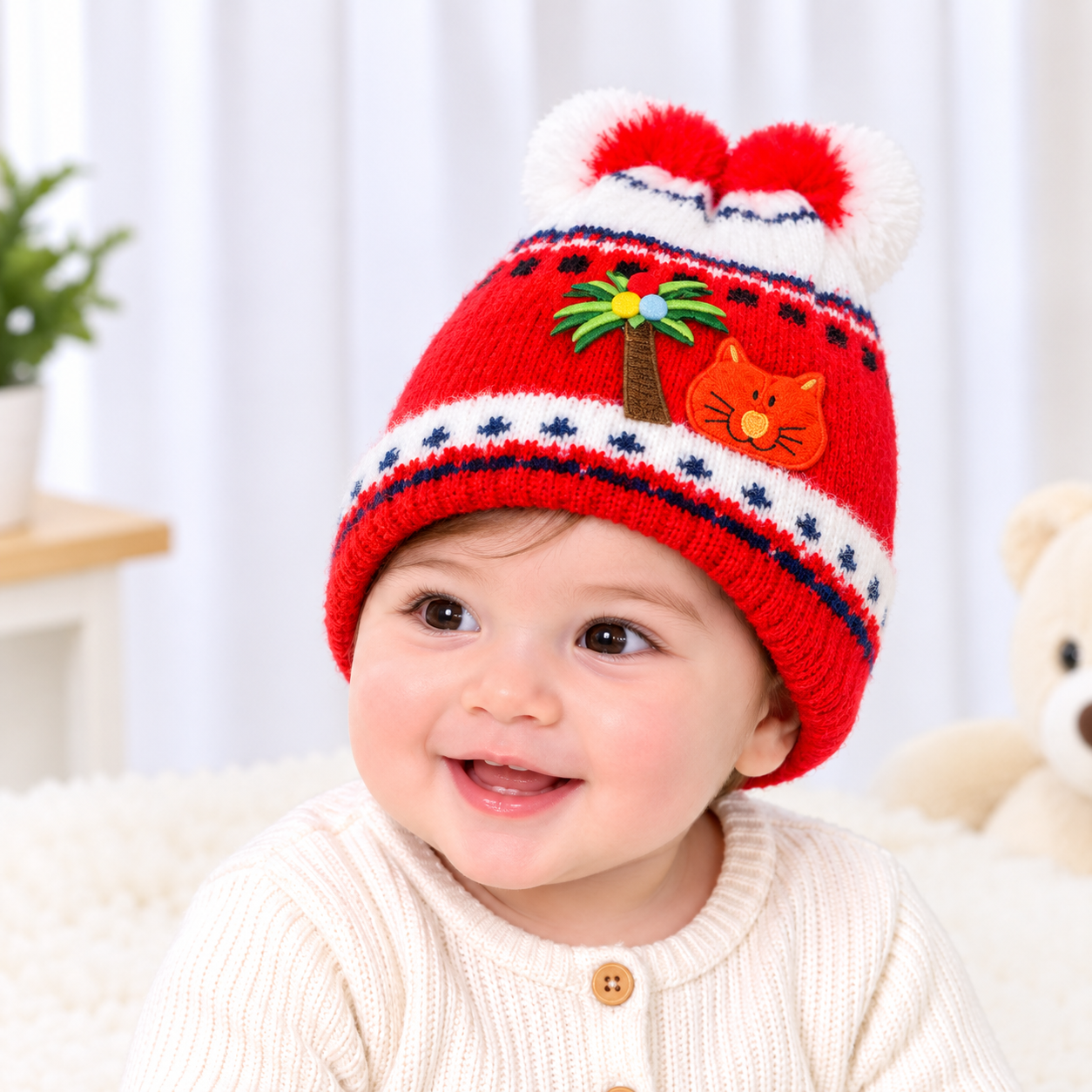 Striped Baby Beanie Hat with Flower Accent – Soft Velvet Newborn Cap, Pack Of 3 Different prints