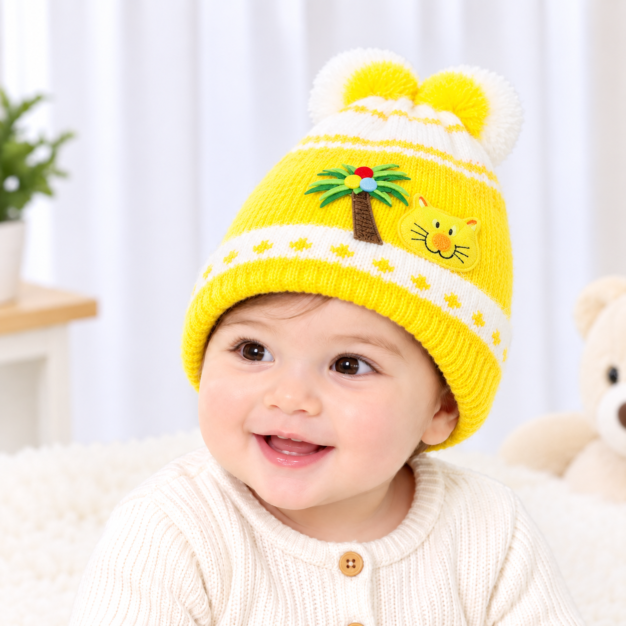 Striped Baby Beanie Hat with Flower Accent – Soft Velvet Newborn Cap, Pack Of 3 Different prints