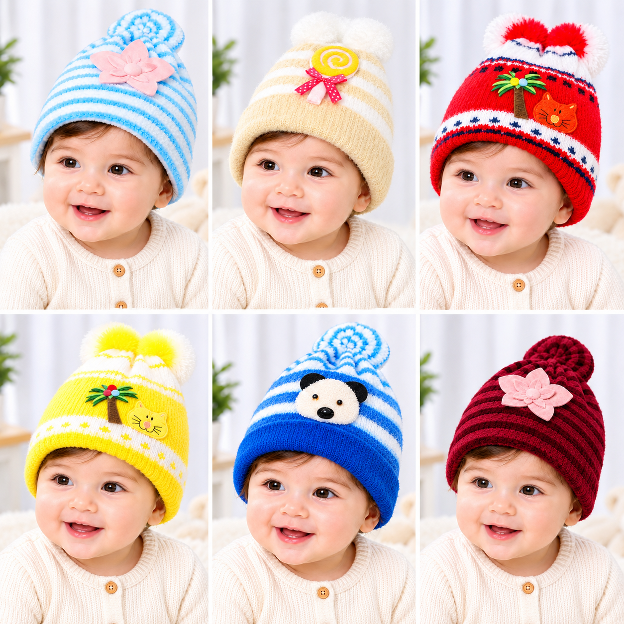 Striped Baby Beanie Hat with Flower Accent – Soft Velvet Newborn Cap, Pack Of 3 Different prints