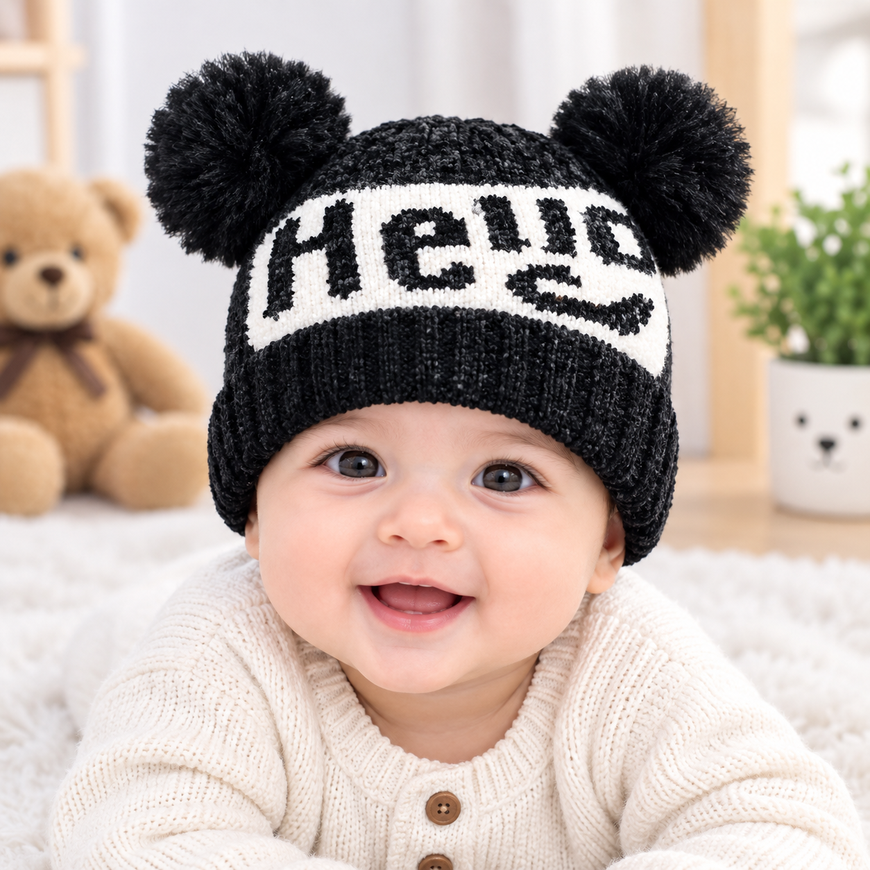 Baby Bear Pom Pom Knitted Winter Cap, In 6 Colours