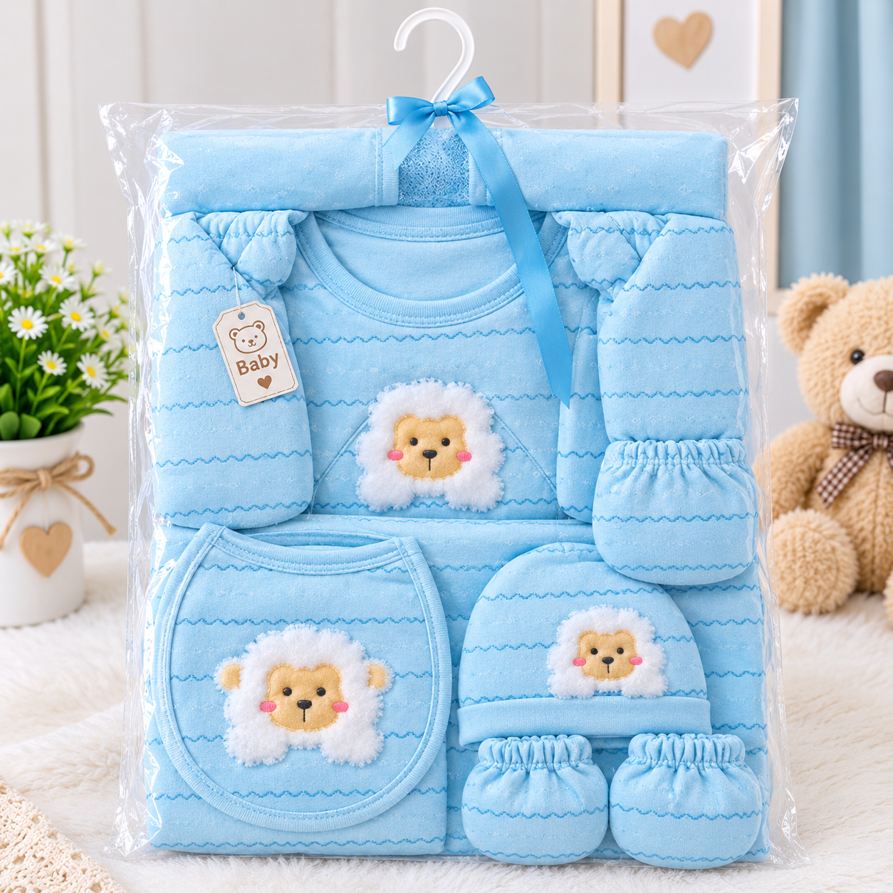 Baby Gift Set for Newborn | 0–3 Months | Soft Cotton Baby Clothing Set with Cap, Bib, Mittens & Booties