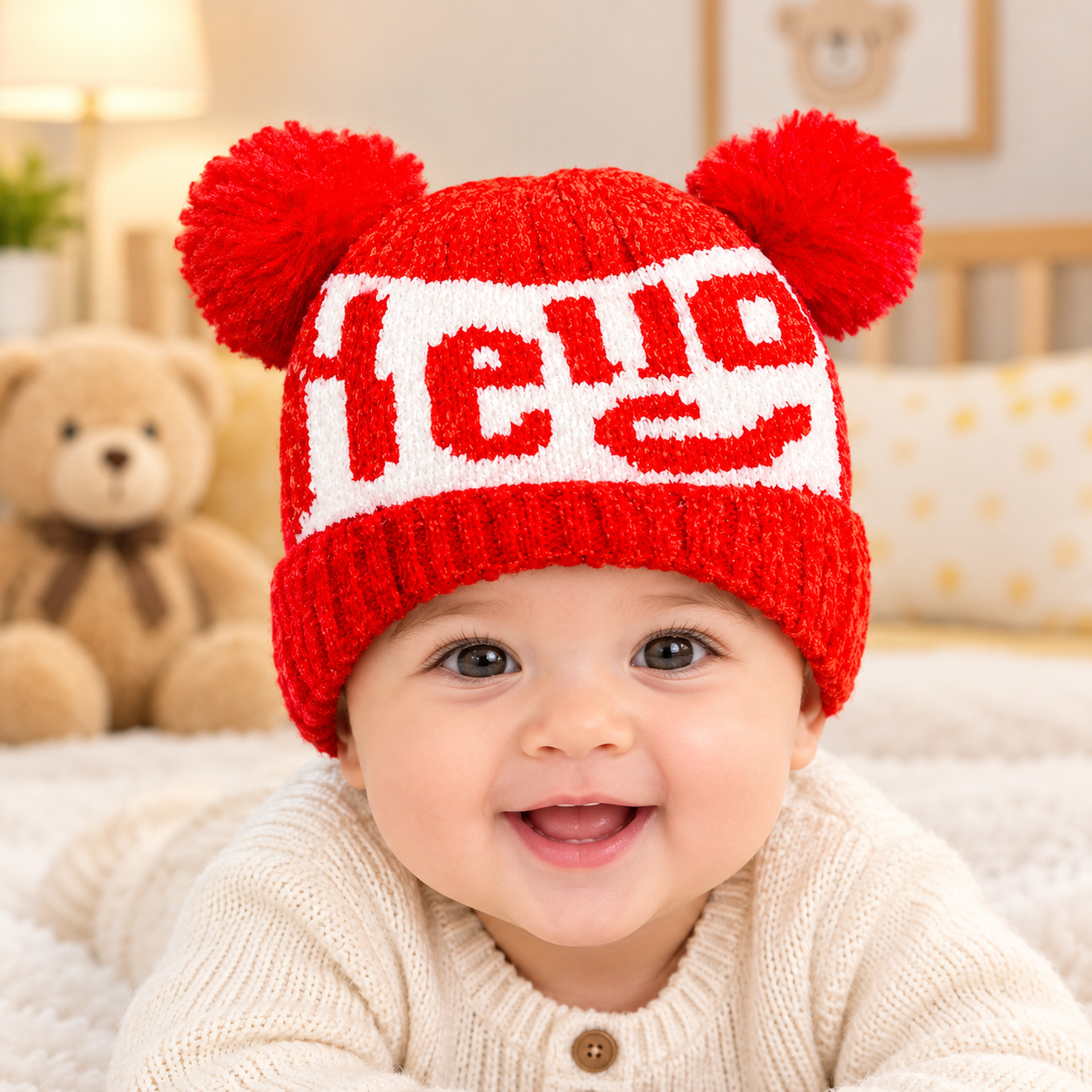 Baby Bear Pom Pom Knitted Winter Cap, In 6 Colours