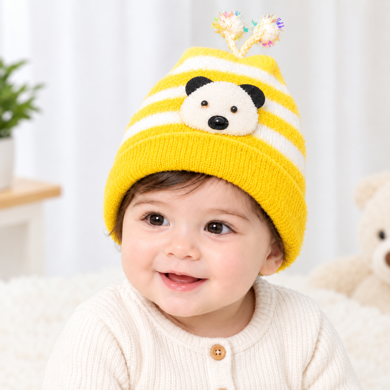 Striped Baby Beanie Hat with Flower Accent – Soft Velvet Newborn Cap, Pack Of 3 Different prints