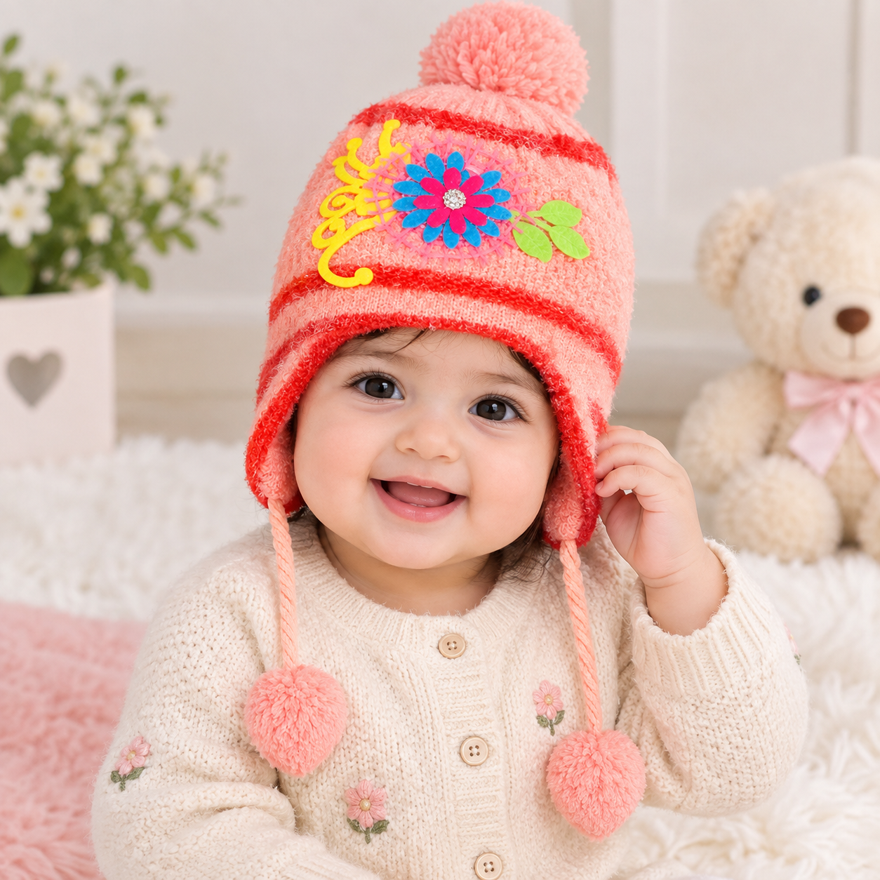 Baby Winter Knitted Floral Cap with Earflaps & Pom Poms