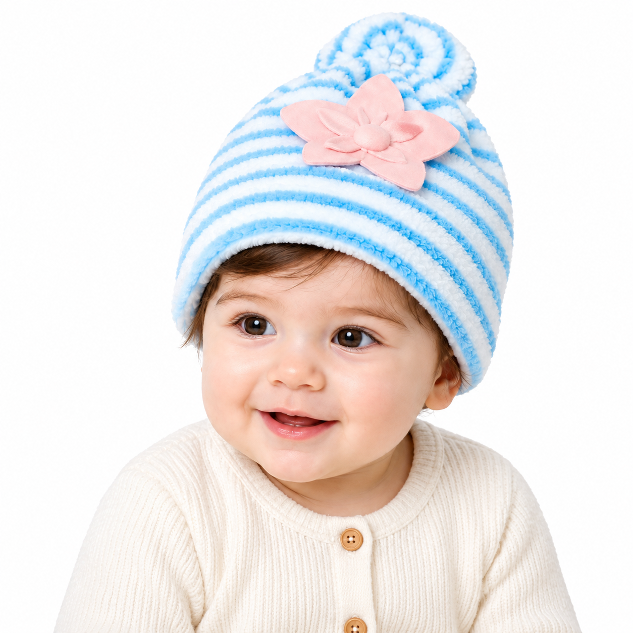 Striped Baby Beanie Hat with Flower Accent – Soft Velvet Newborn Cap, Pack Of 3 Different prints