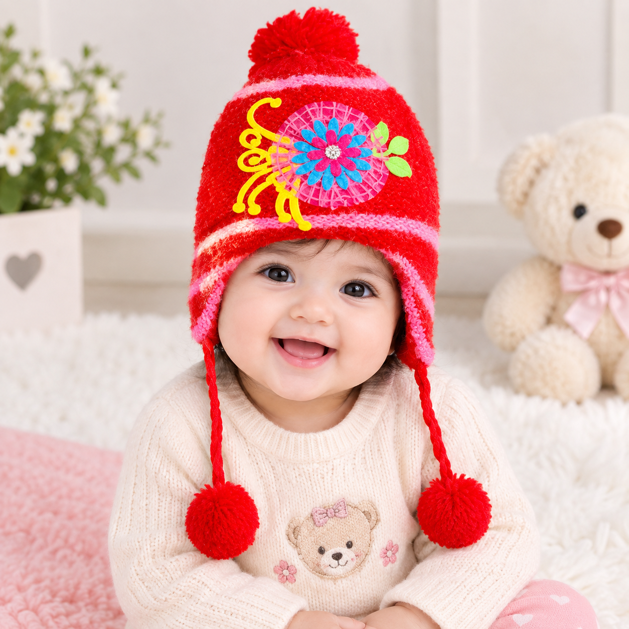 Baby Winter Knitted Floral Cap with Earflaps & Pom Poms