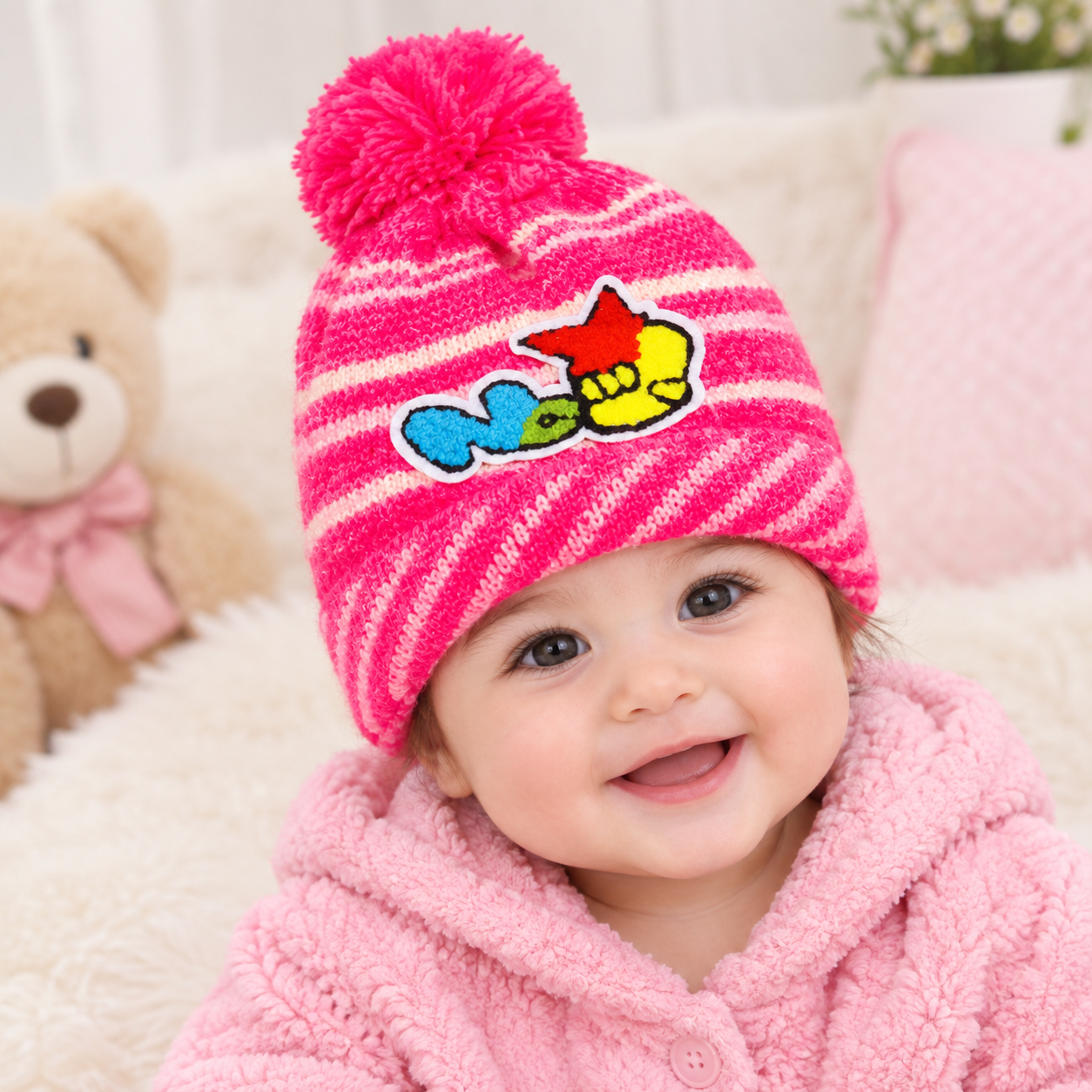 Kids Winter Knitted Cap with Pom Pom & Cartoon Patch – Warm Striped Beanie Hat for Boys & Girls