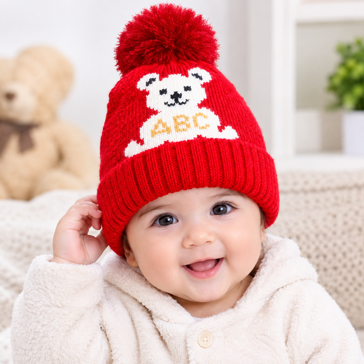 Pack Of 2 , Baby Bear Pom Pom Knitted Winter Cap, in 6 Colours