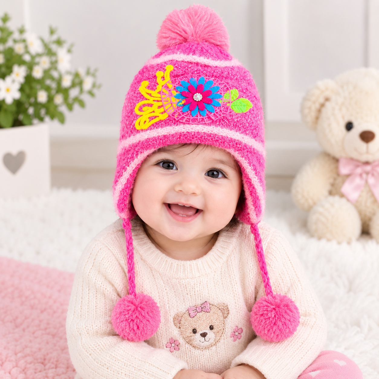 Baby Winter Knitted Floral Cap with Earflaps & Pom Poms