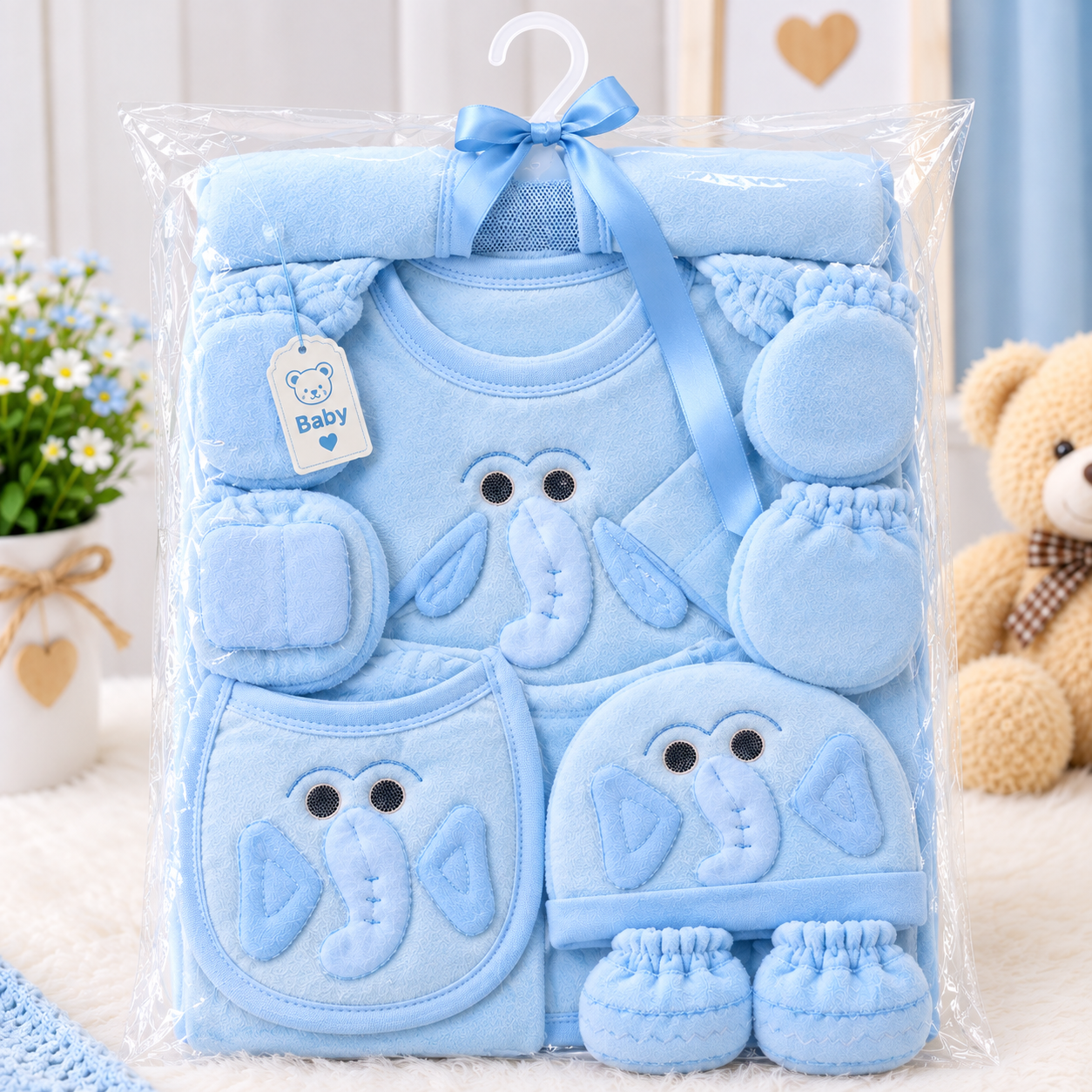 Baby Gift Set for Newborn | 0–3 Months | Soft Cotton Baby Clothing Set with Cap, Bib, Mittens & Booties