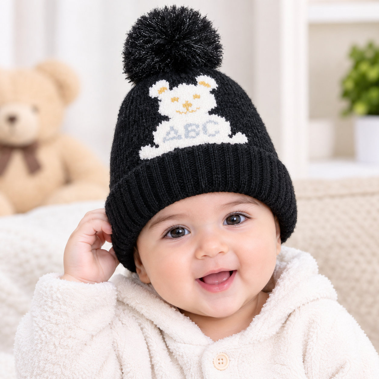 Pack Of 2 , Baby Bear Pom Pom Knitted Winter Cap, in 6 Colours