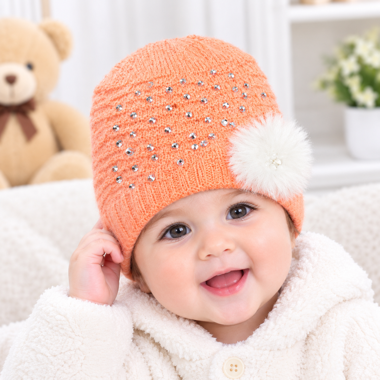 Pack Of 2, Baby Winter Beanie Hat with Fur Pom Pom & Rhinestone Design – Warm Knitted Cap for Infants & Kids