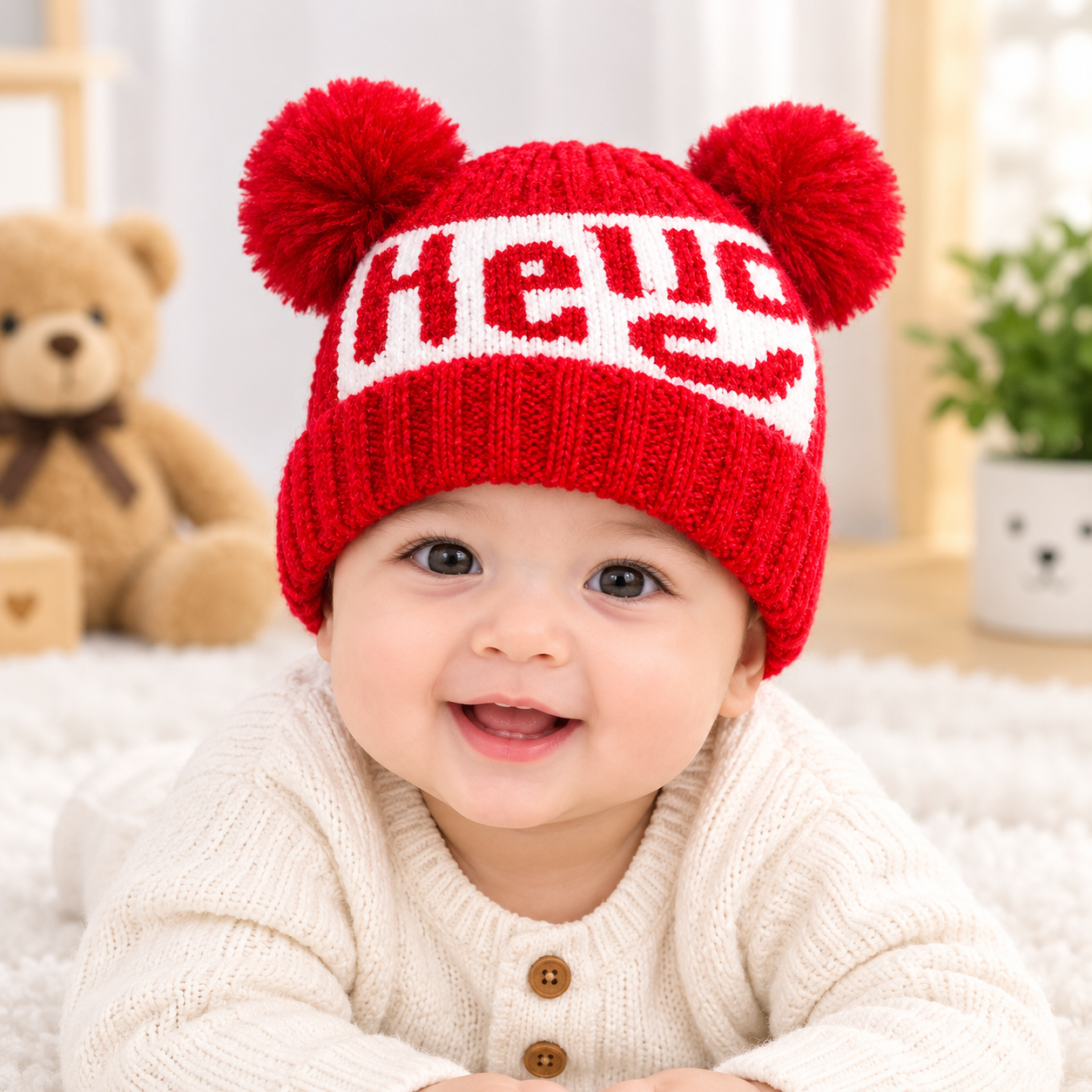 Baby Bear Pom Pom Knitted Winter Cap, In 6 Colours