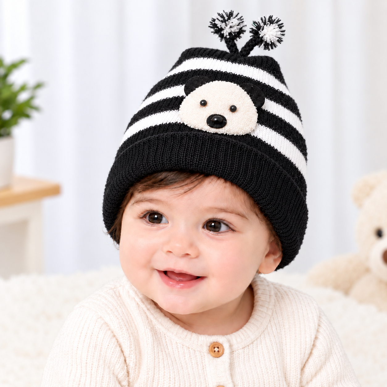 Striped Baby Beanie Hat with Flower Accent – Soft Velvet Newborn Cap, Pack Of 3 Different prints